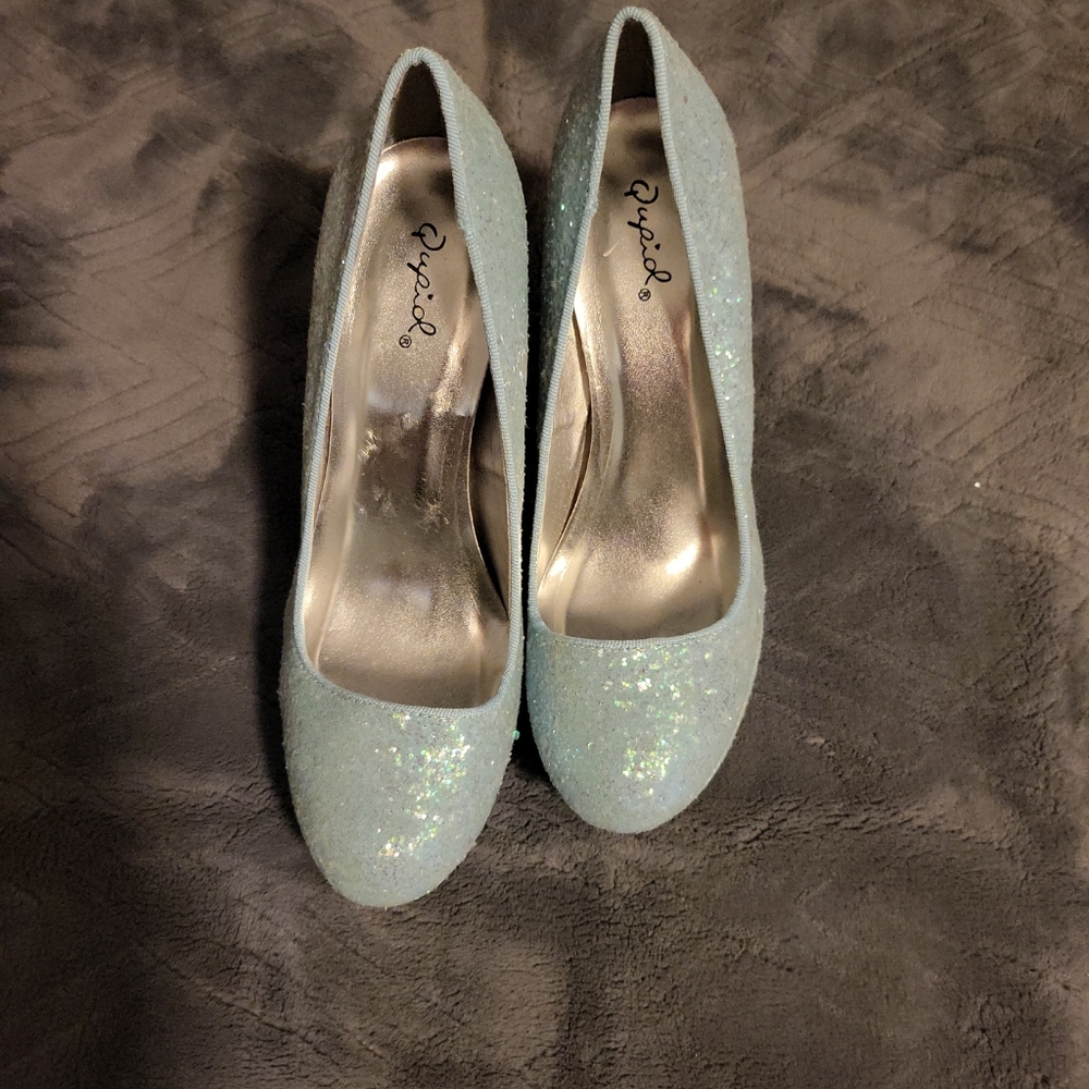 Qupid Blue Platform Glitter Heels